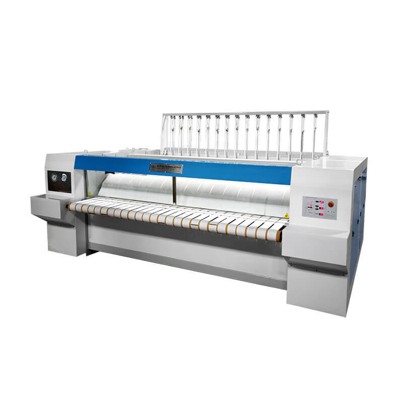 Chest-roller style flatwork ironer machine for textile laundry plant